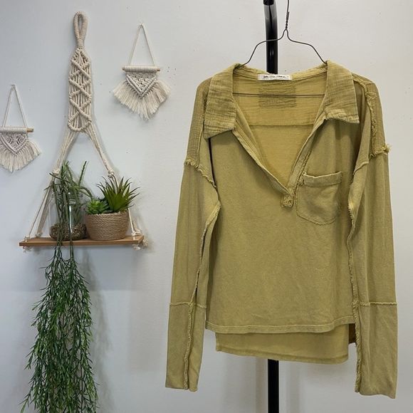 Free People Tops - Free People L/S Mustard Top Collared V-Neck Cuffs